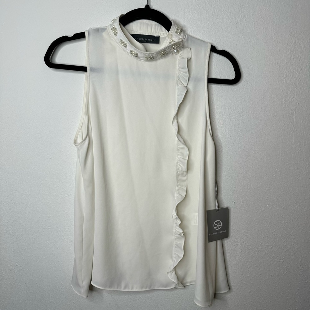 NWT Sandro Ferrone High Neck Studded Pearl Beaded Blouse in White SIZE M MEDIUM